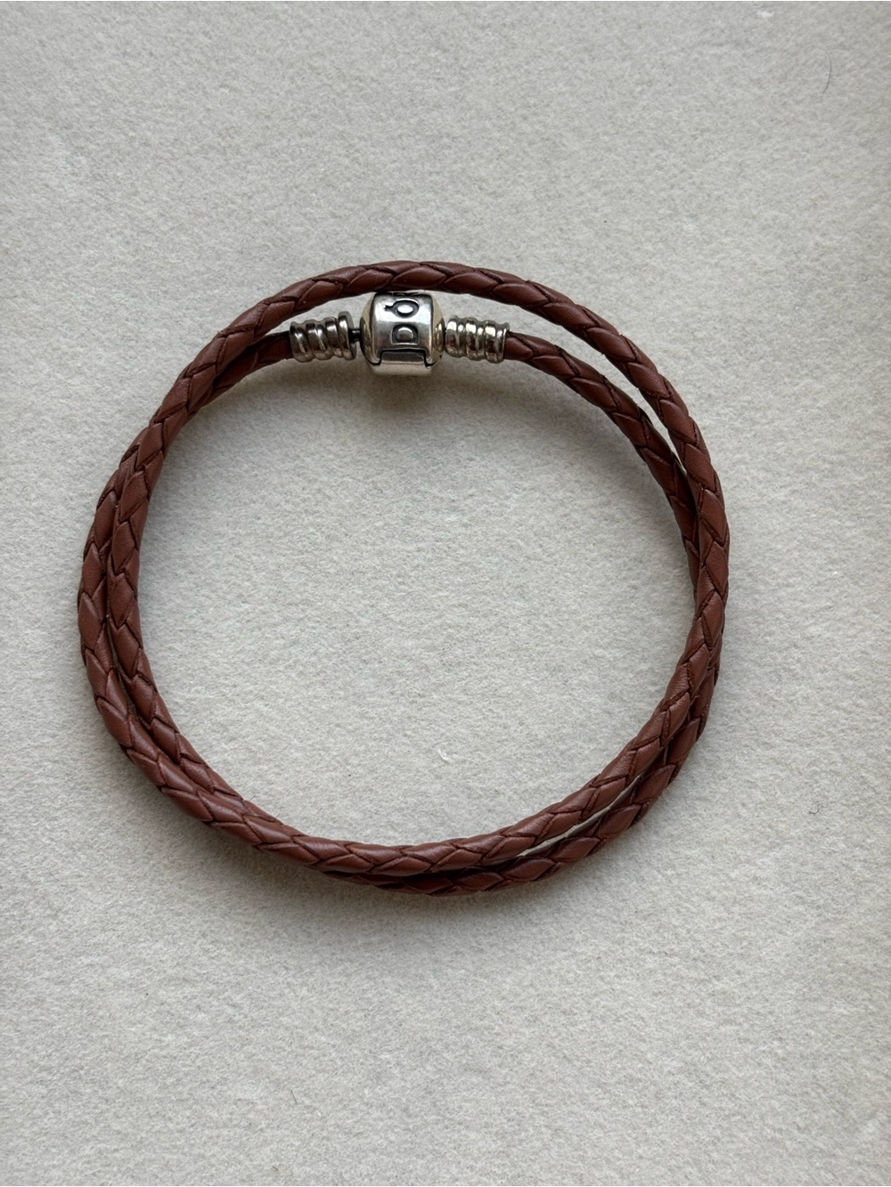 Pandora Brown Braided Leather Double Wrap Bracelet with Silver Clasp